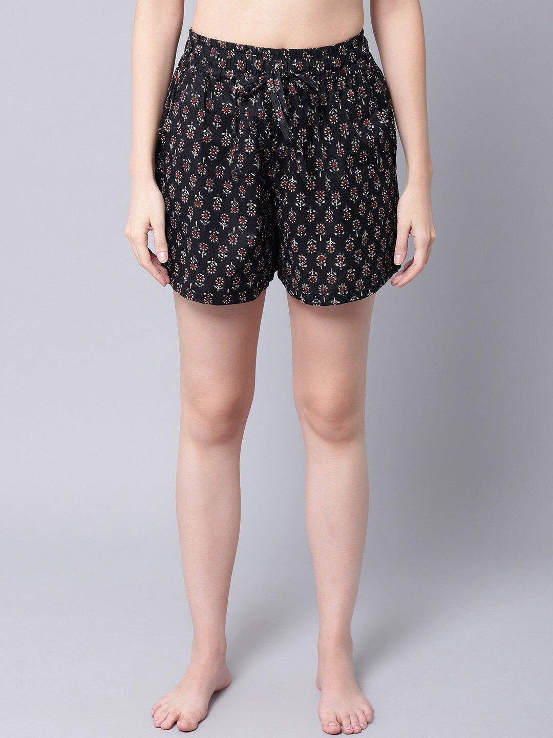 TAG 7 Women Black & Red Printed Lounge Shorts Price in India