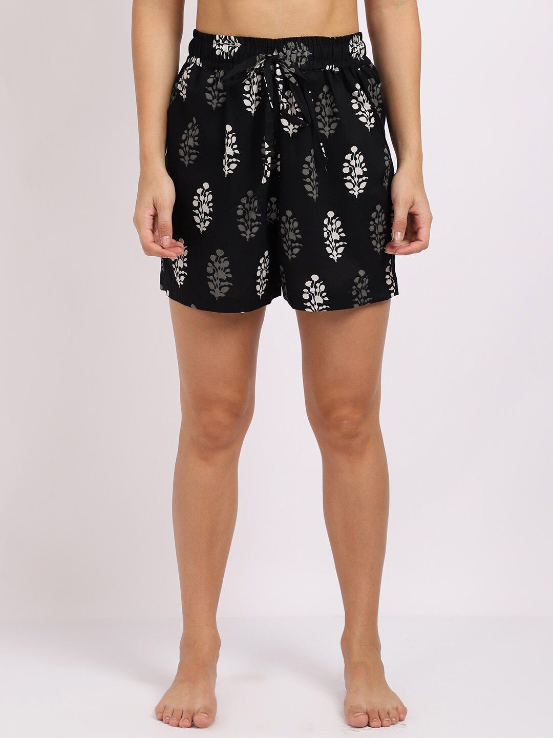 TAG 7 Women Black & White Printed Cotton Lounge Shorts Price in India