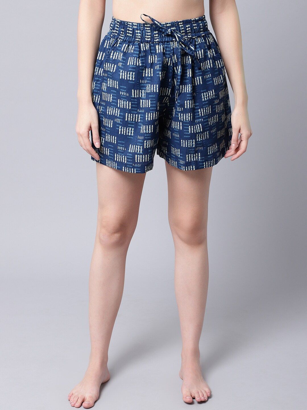 TAG 7 Women Blue & White Printed Cotton Lounge Shorts Price in India