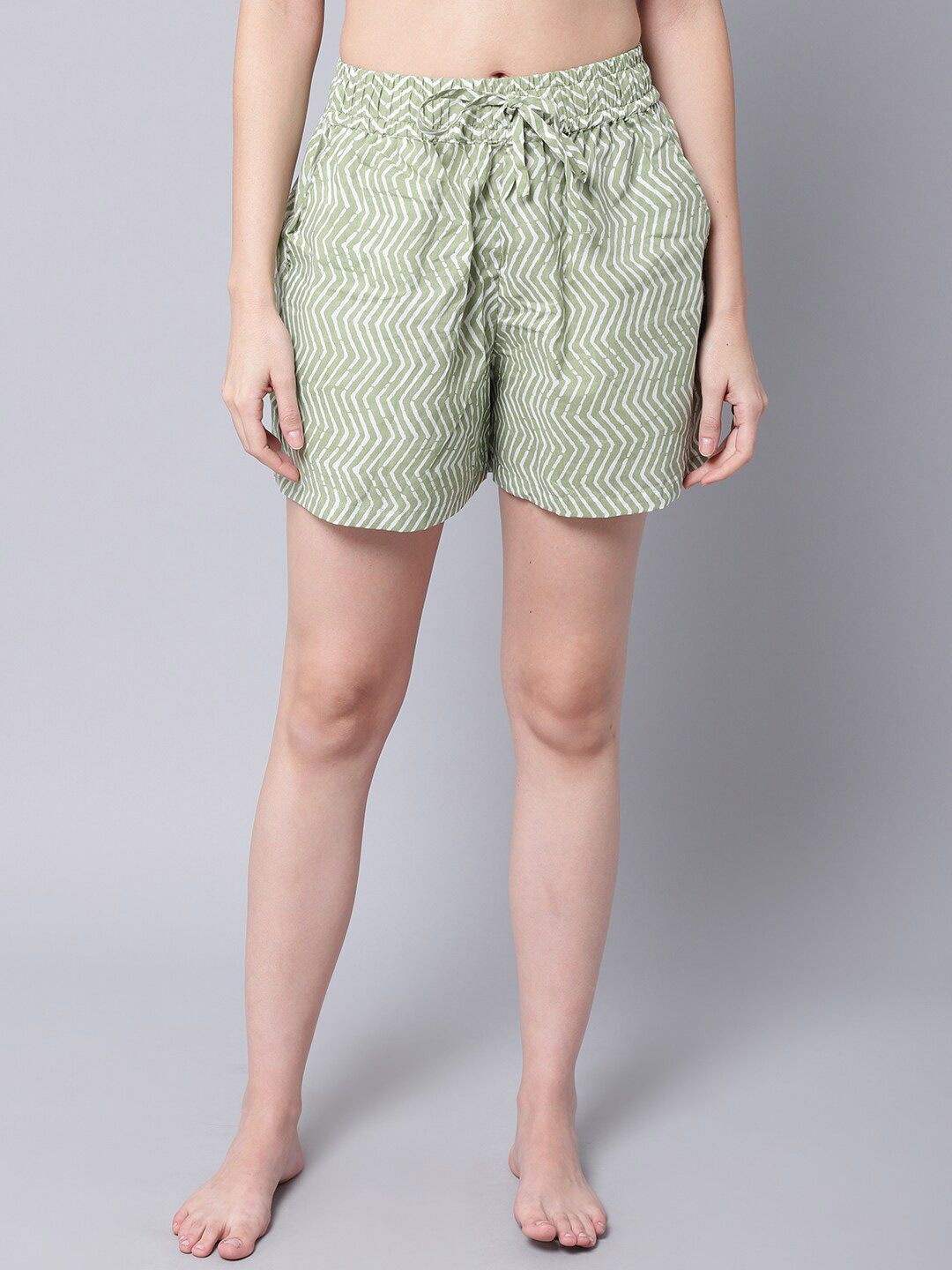 TAG 7 Women Green & White Printed Lounge Shorts Price in India