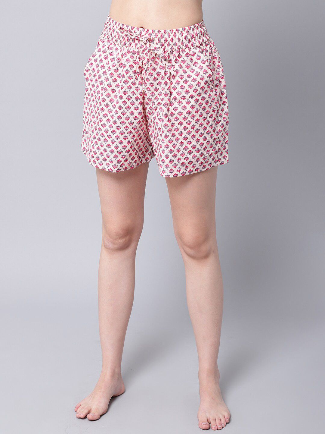 TAG 7 Women White & Pink Printed Lounge Shorts Price in India