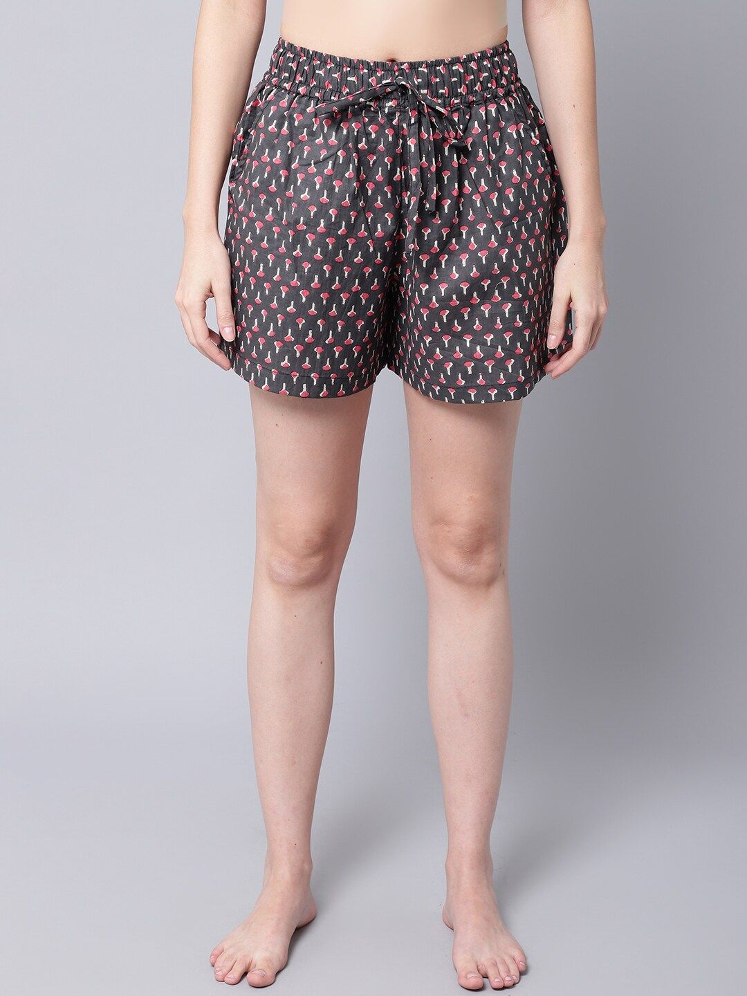 TAG 7 Women Grey & Pink Printed Lounge Shorts Price in India