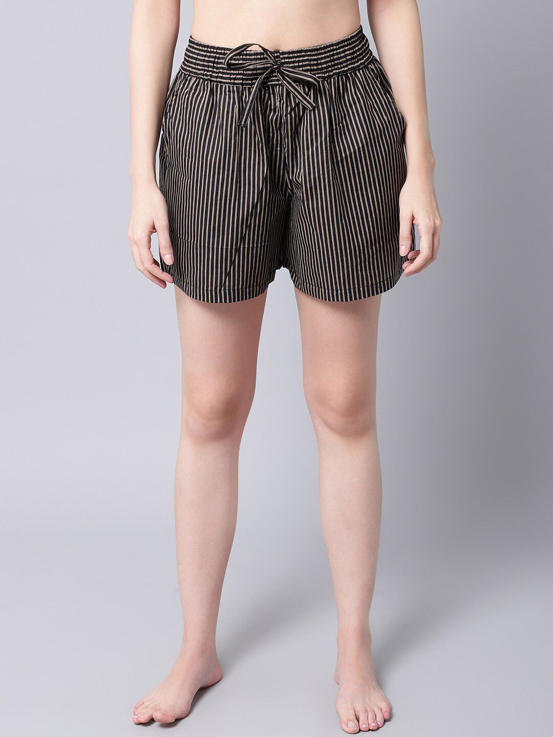 TAG 7 Women Black Striped Lounge Shorts Price in India