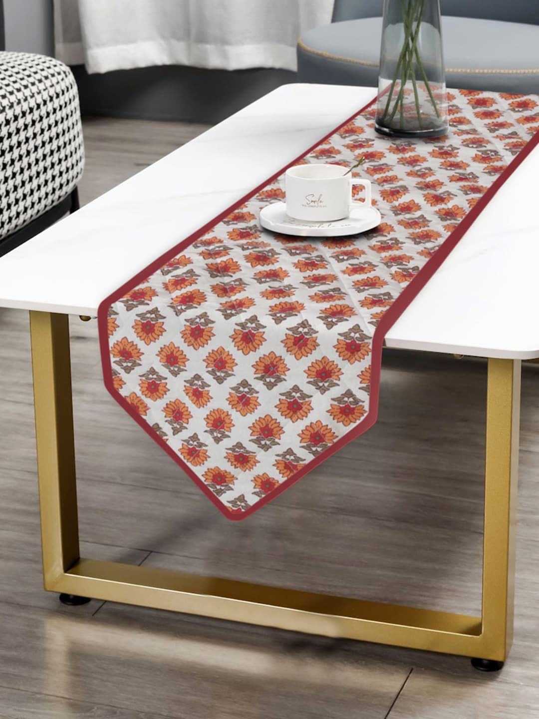 Rajasthan Decor White & Orange Printed Pure Cotton Table Runners Price in India