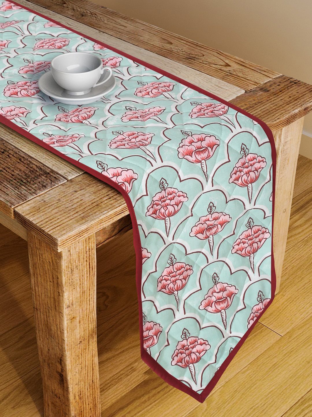 Rajasthan Decor Maroon & Green Quilted Cotton Centre Table Runner Price in India