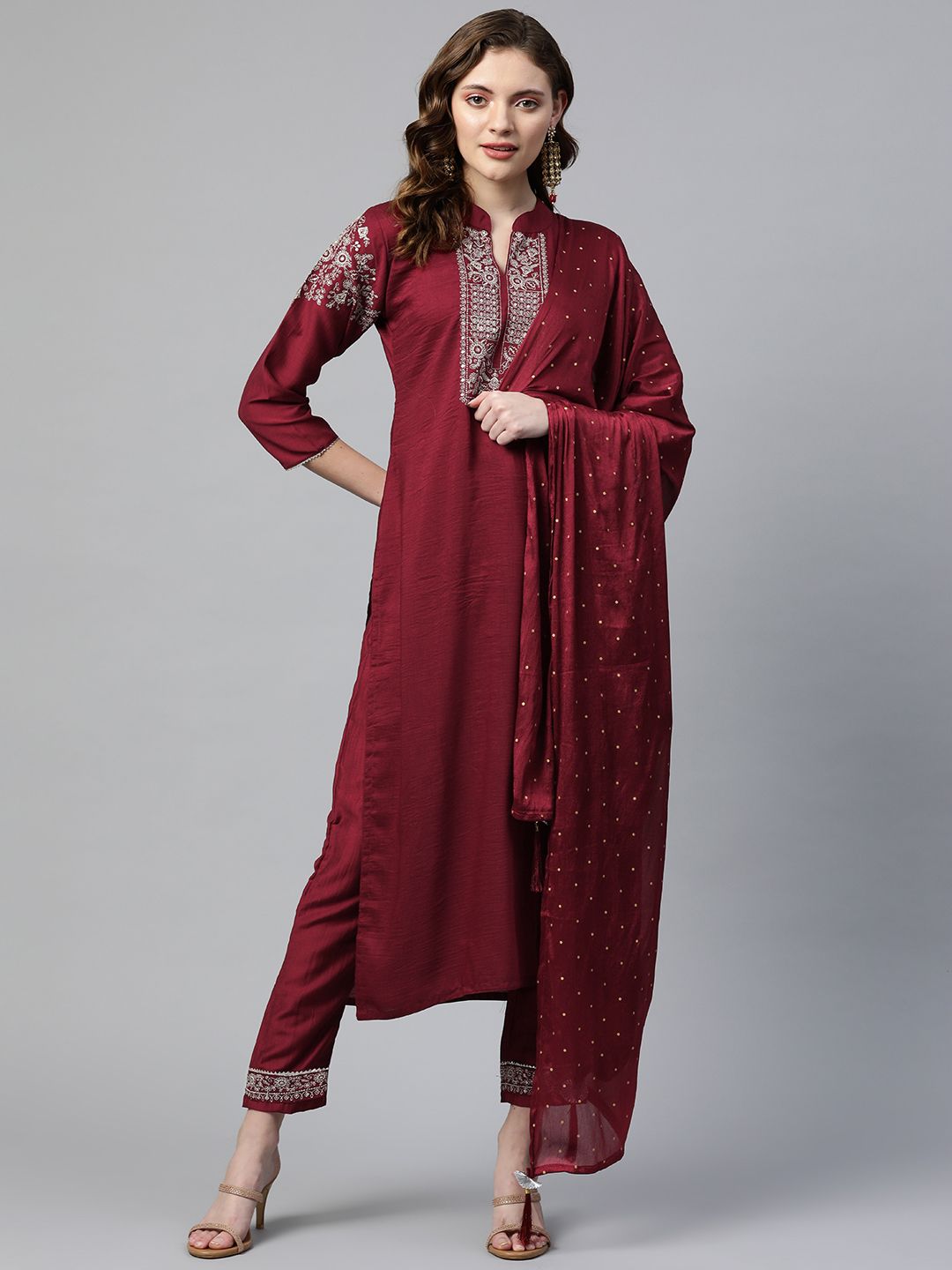 SheWill Women Maroon Ethnic Motifs Yoke Design Thread Work Kurta with Trousers & With Dupatta Price in India