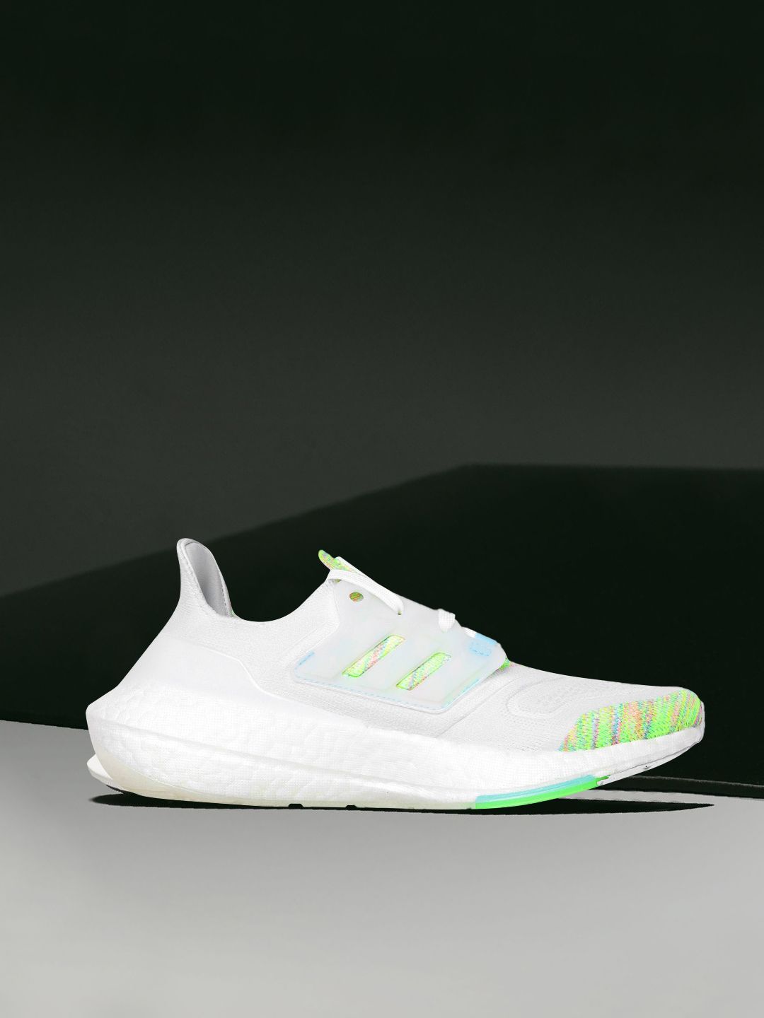ADIDAS Men White & Neon Green Woven Design Ultraboost 22 Running Shoes
