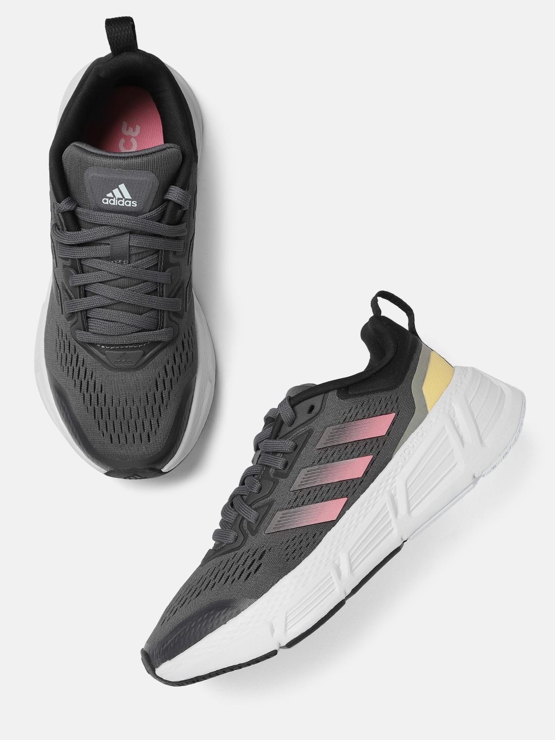 ADIDAS Women Charcoal Grey & Pink Woven Design Questar Running Shoes Price in India