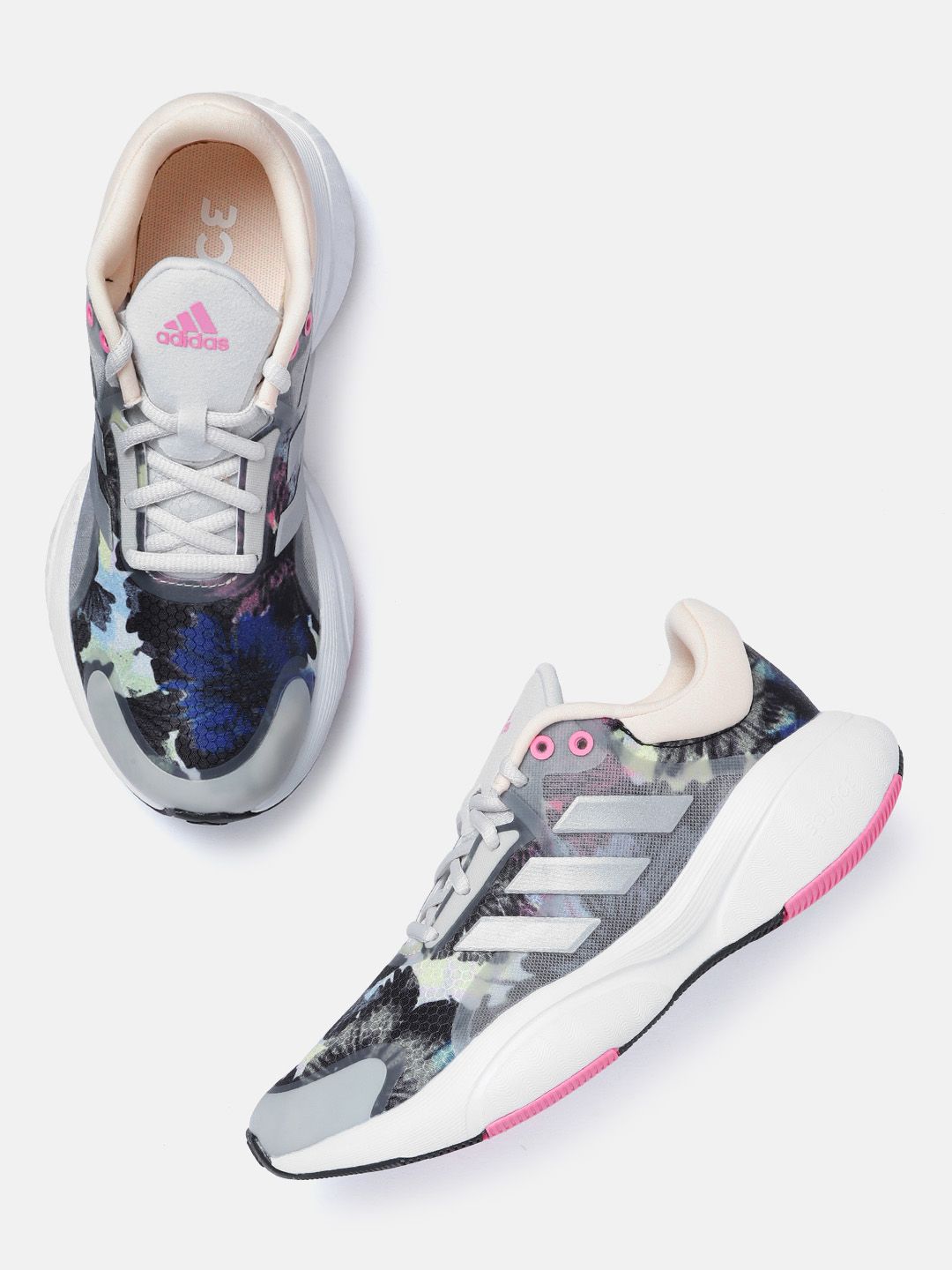 ADIDAS Women Grey & Blue Floral Print Response Running Shoes Price in India