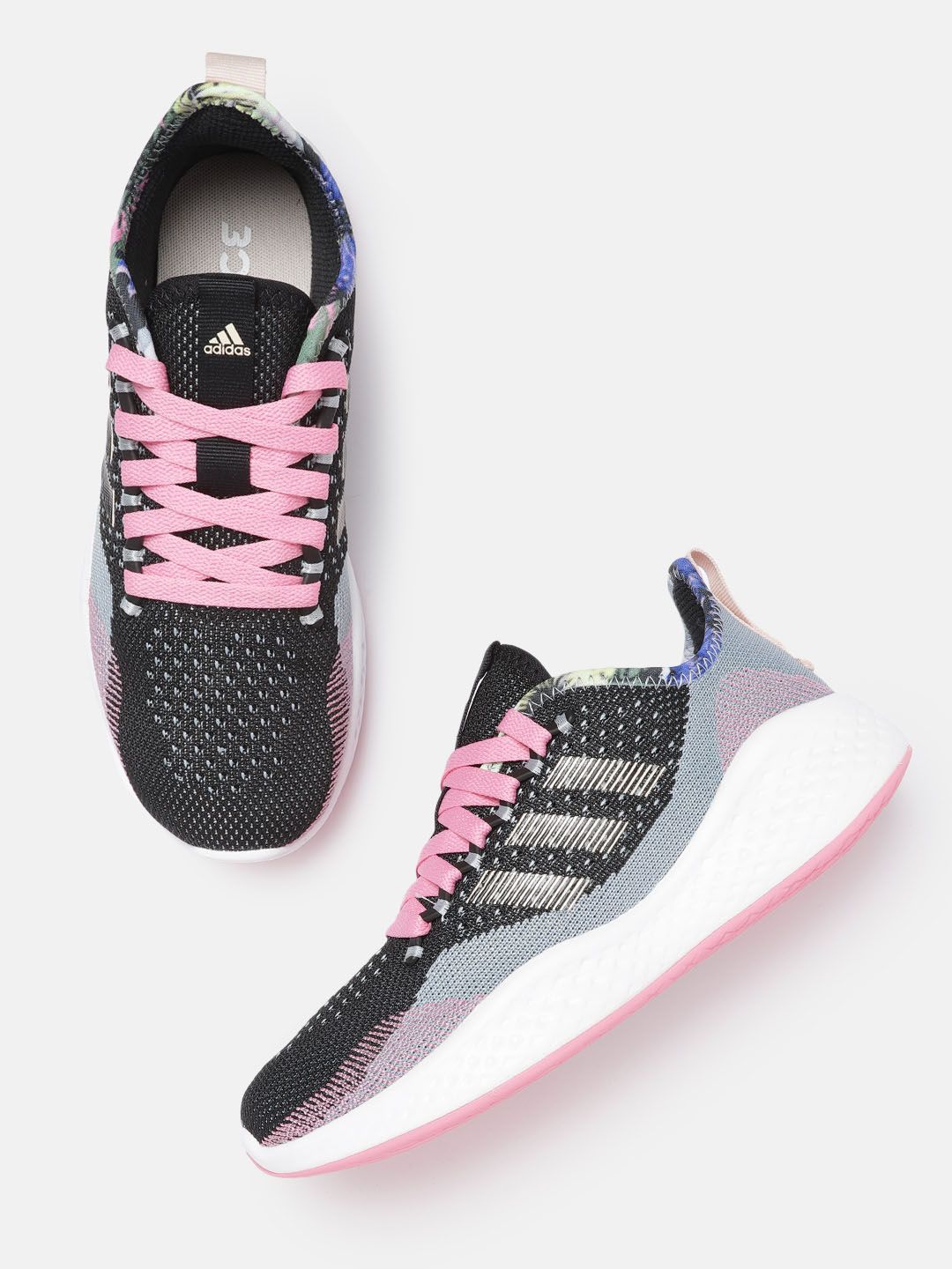 ADIDAS Women Black & Pink Woven Design FluidFlow 2.0 Running Shoes Price in India