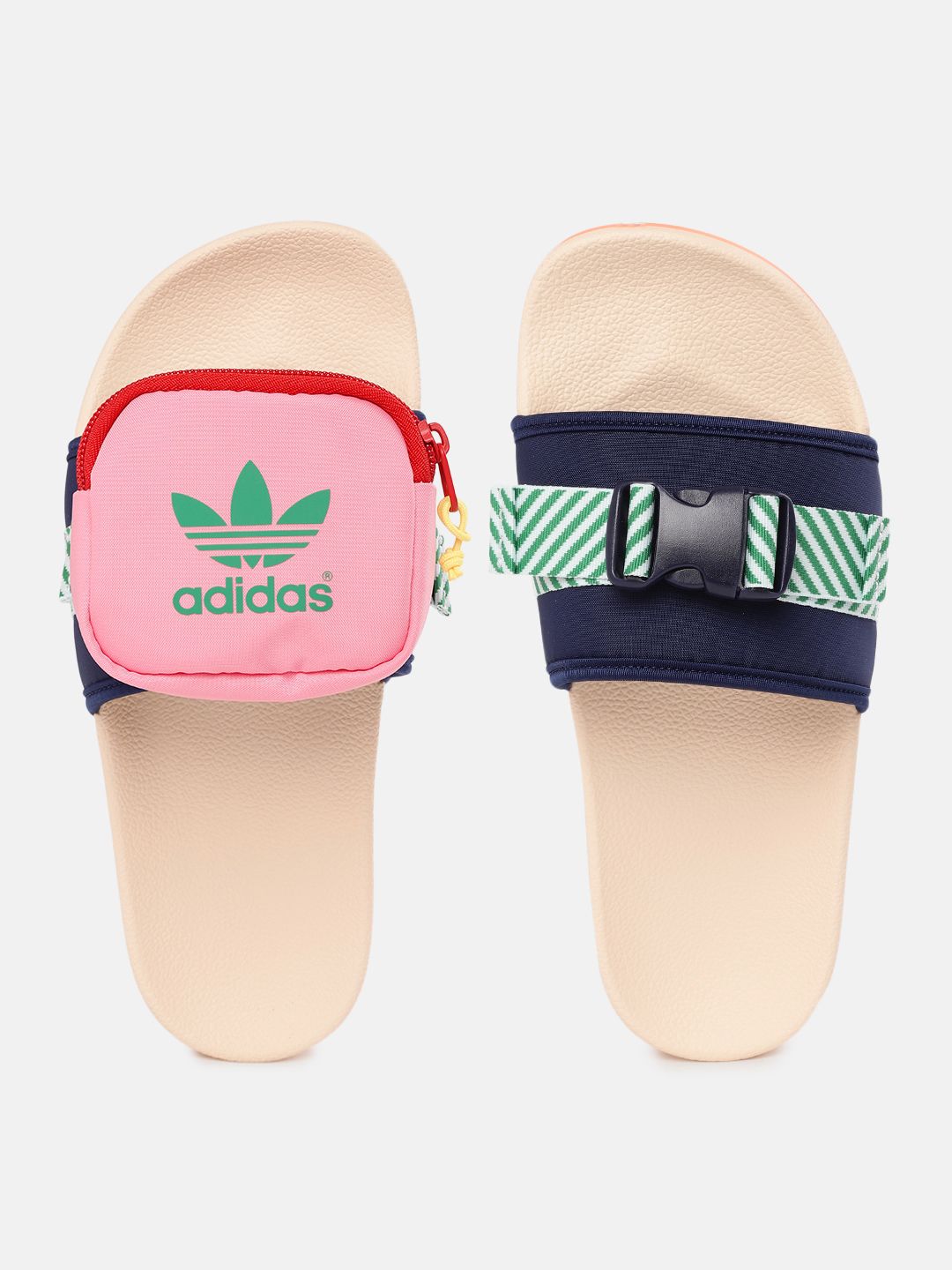 ADIDAS Originals Women Off White & Pink Brand Logo Print Embellished Pouchylette Sliders Price in India