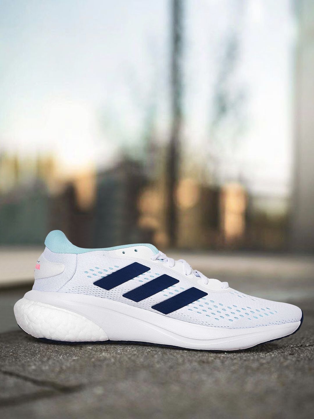 ADIDAS Women White & Blue Woven Mesh Design Boost & Bounce Midsole Supernova Running Shoes Price in India