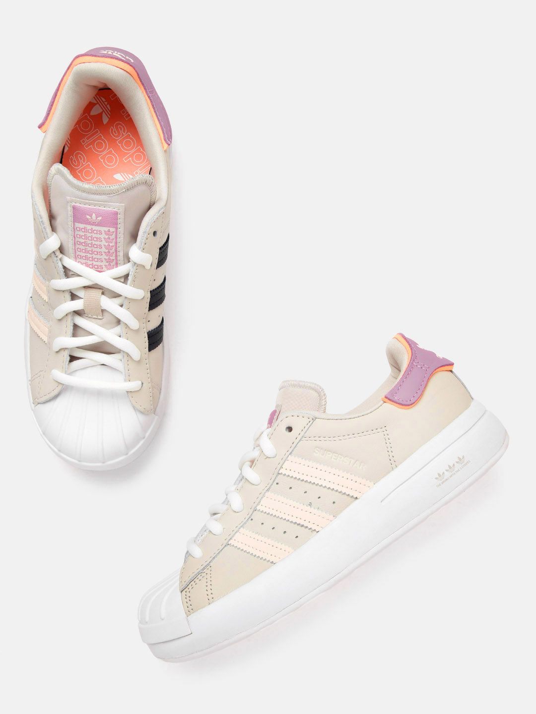 ADIDAS Originals Women Beige & Peach-Coloured Striped Superstar Soft Leather Sneakers Price in India
