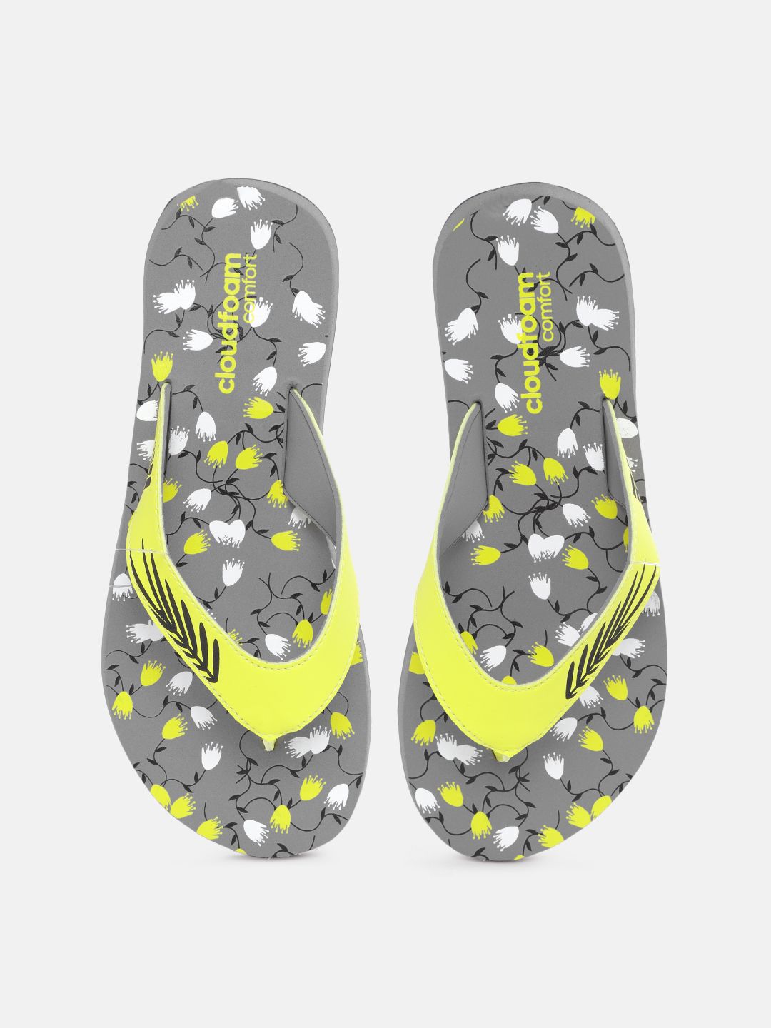 ADIDAS Women Grey & Yellow Printed Cloudfoam Thong Flip-Flops