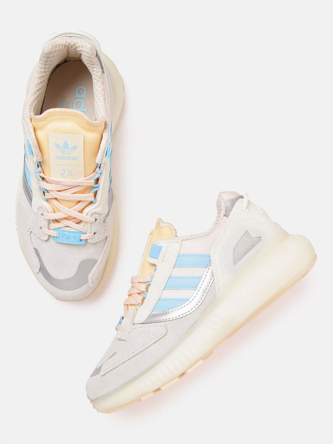 ADIDAS Originals Women Off White & Blue Striped ZX 5K Boost Suede Sneakers Excluding Trims Price in India