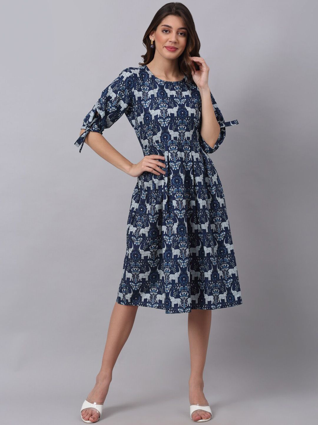 KALINI Navy Blue Ethnic Motifs Printed Cotton Dress Price in India