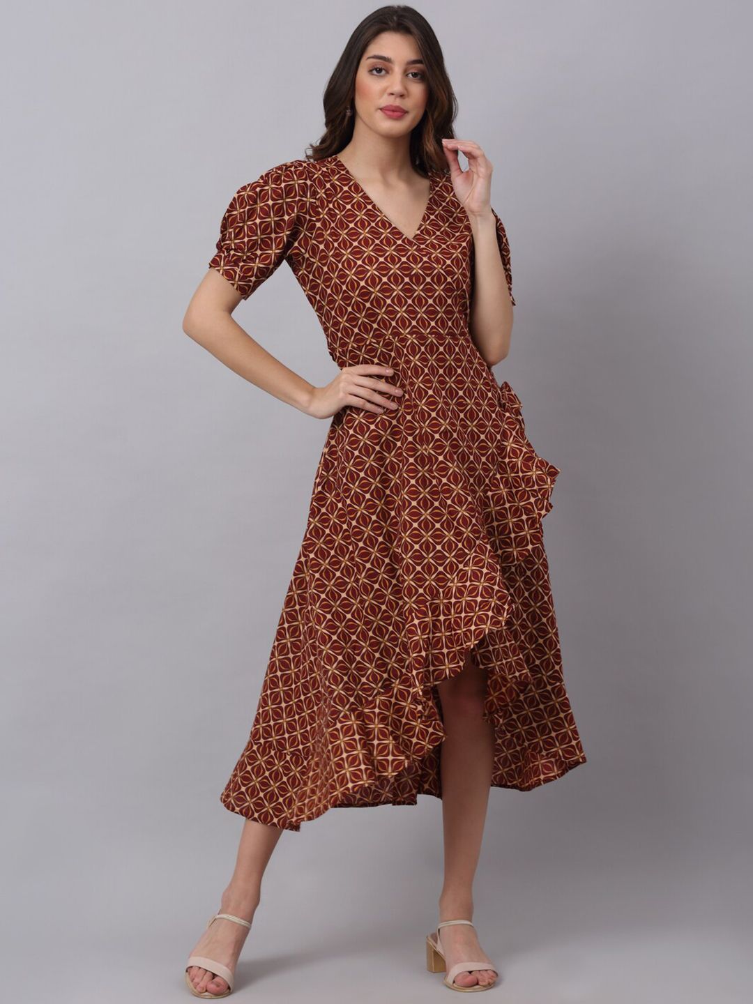 KALINI Brown & Beige Geometric Printed High-Low Cotton Fit & Flare Midi Dress Price in India