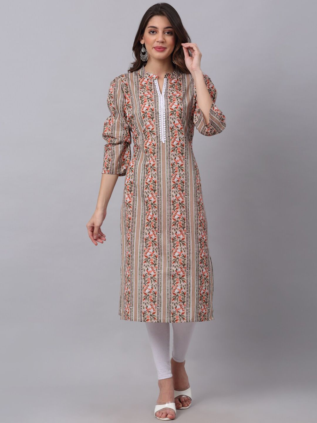 KALINI Women Beige Tribal Striped Keyhole Neck Flared Sleeves Thread Work Quirky Kurta Price in India