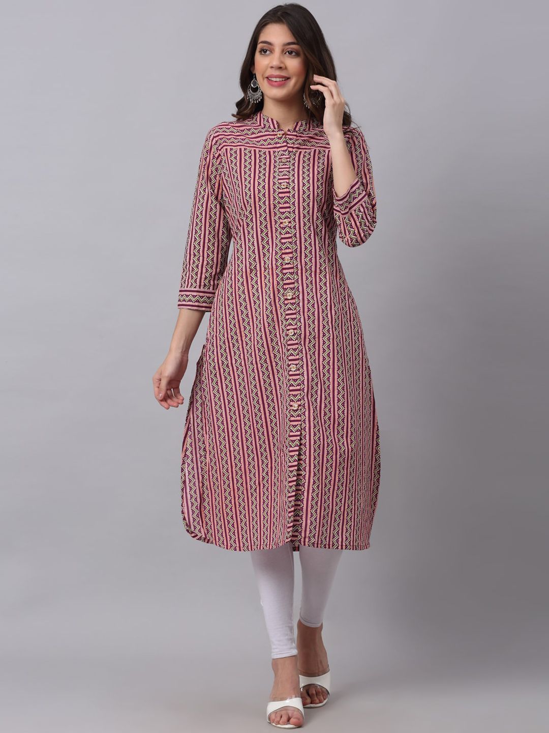 KALINI Women Maroon Geometric Striped Flared Sleeves Thread Work Quirky Kurta Price in India