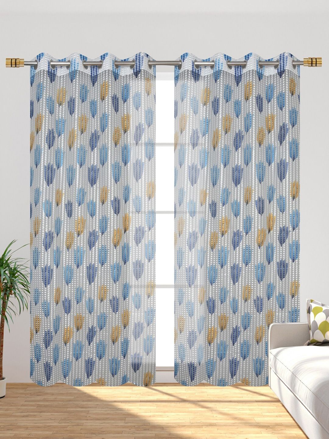 Homefab India Blue & Grey Set of 2 Floral Sheer Long Door Curtains Price in India