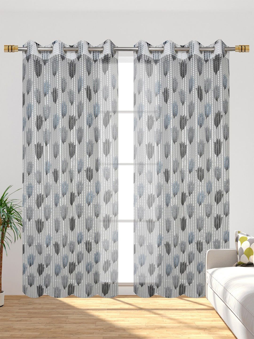 Homefab India Grey & Blue Set of 2 Floral Sheer Long Door Curtain Price in India