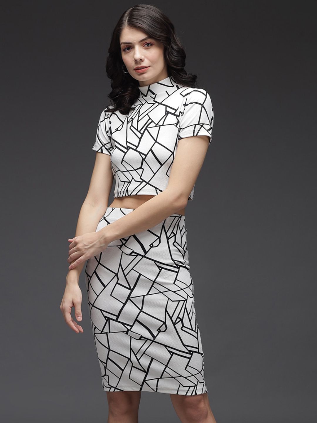 Darzi Women White & Black Printed Top with Skirt