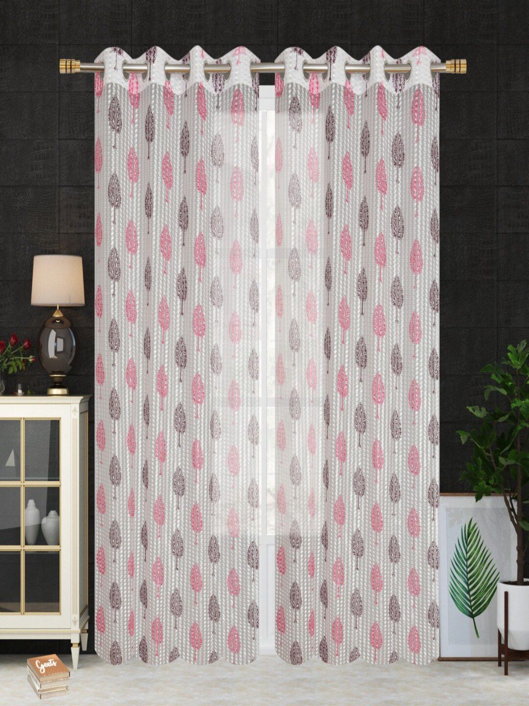 Homefab India Pink & White Set of 2 Floral Sheer Window Curtain Price in India