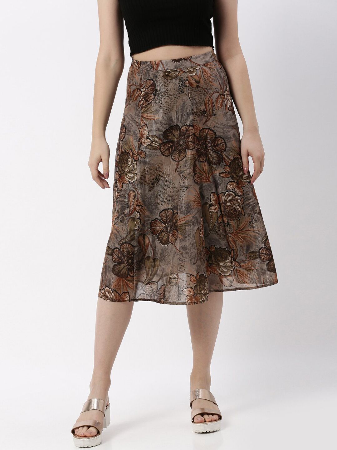 kriatma Women Grey & Brown Printed A-Line Midi Skirts
