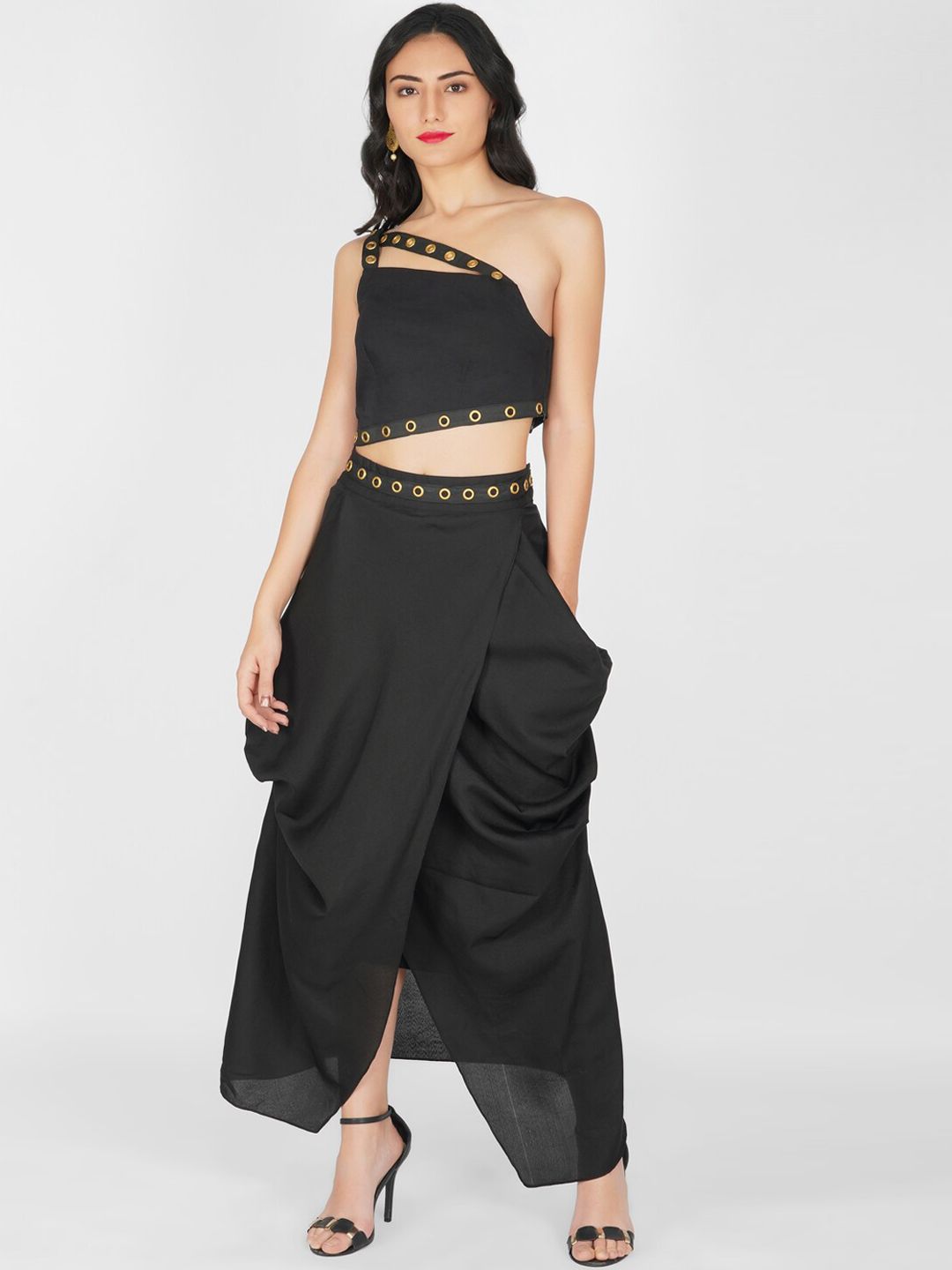 KOVET Women Black Solid Drape Maxi Skirt