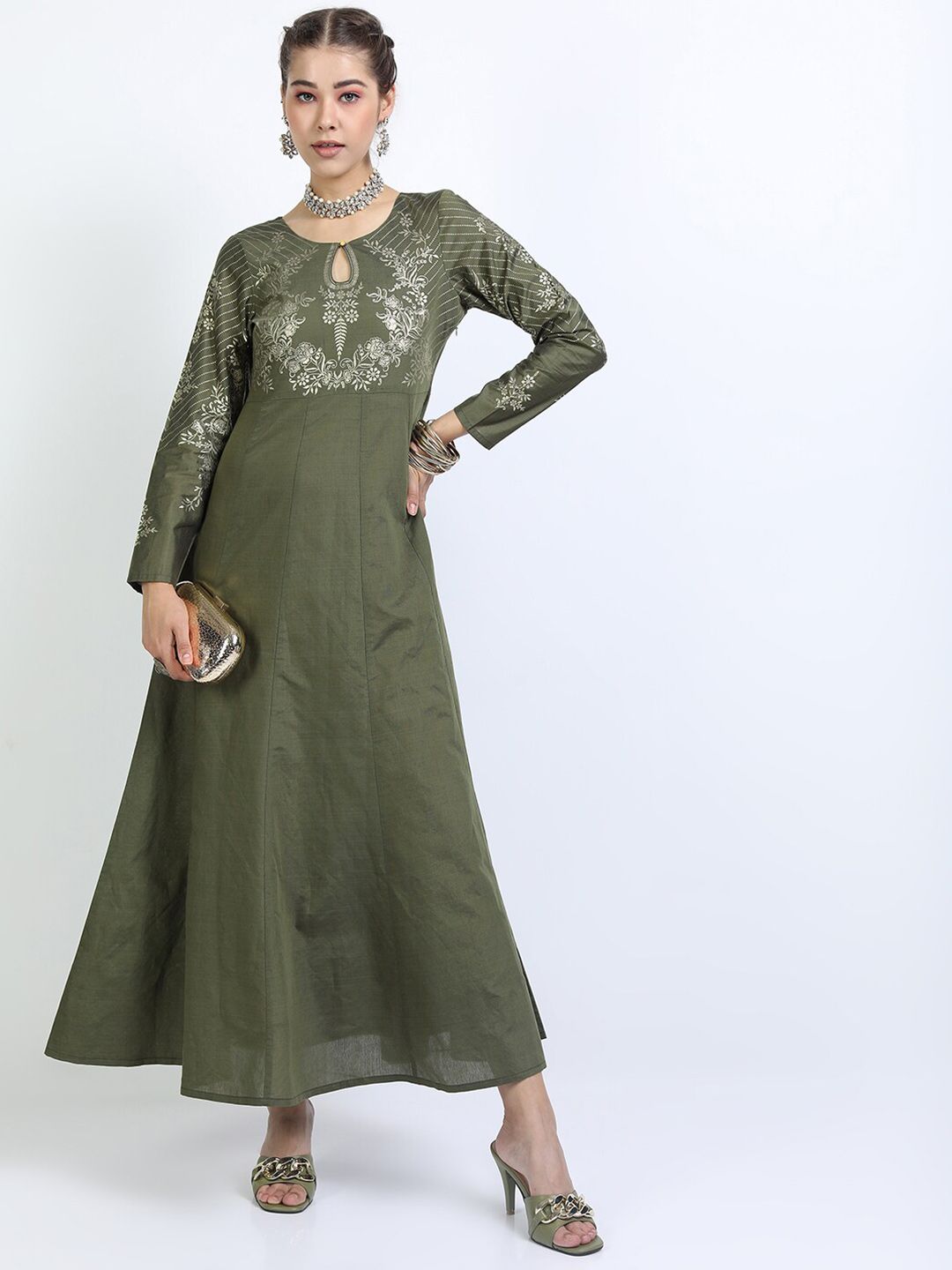 Vishudh Olive Green Floral Keyhole Neck Ethnic Maxi Dress Price in India