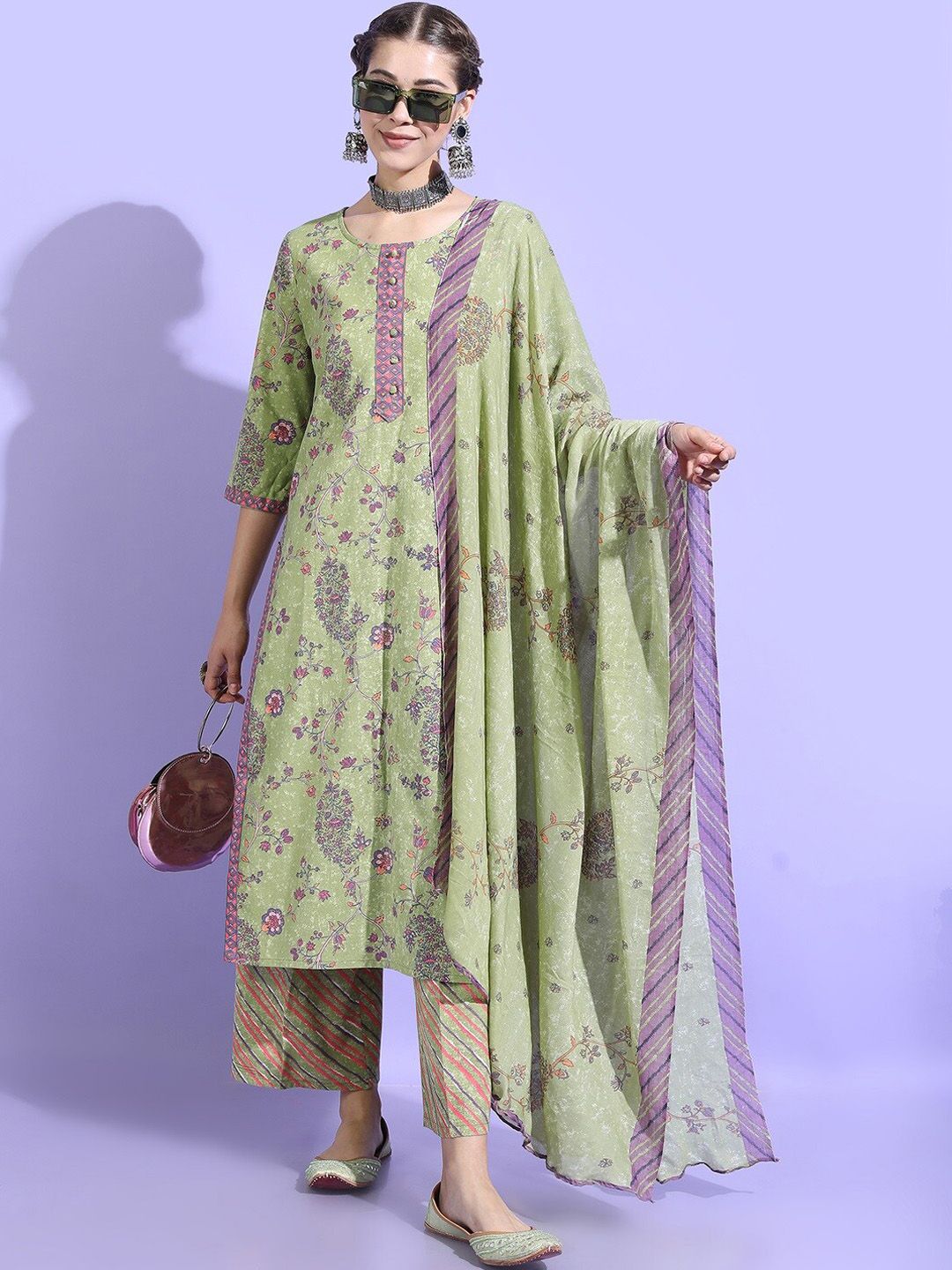 Vishudh Women Green Floral Pure Cotton Kurta with Trouser & Dupatta Price in India