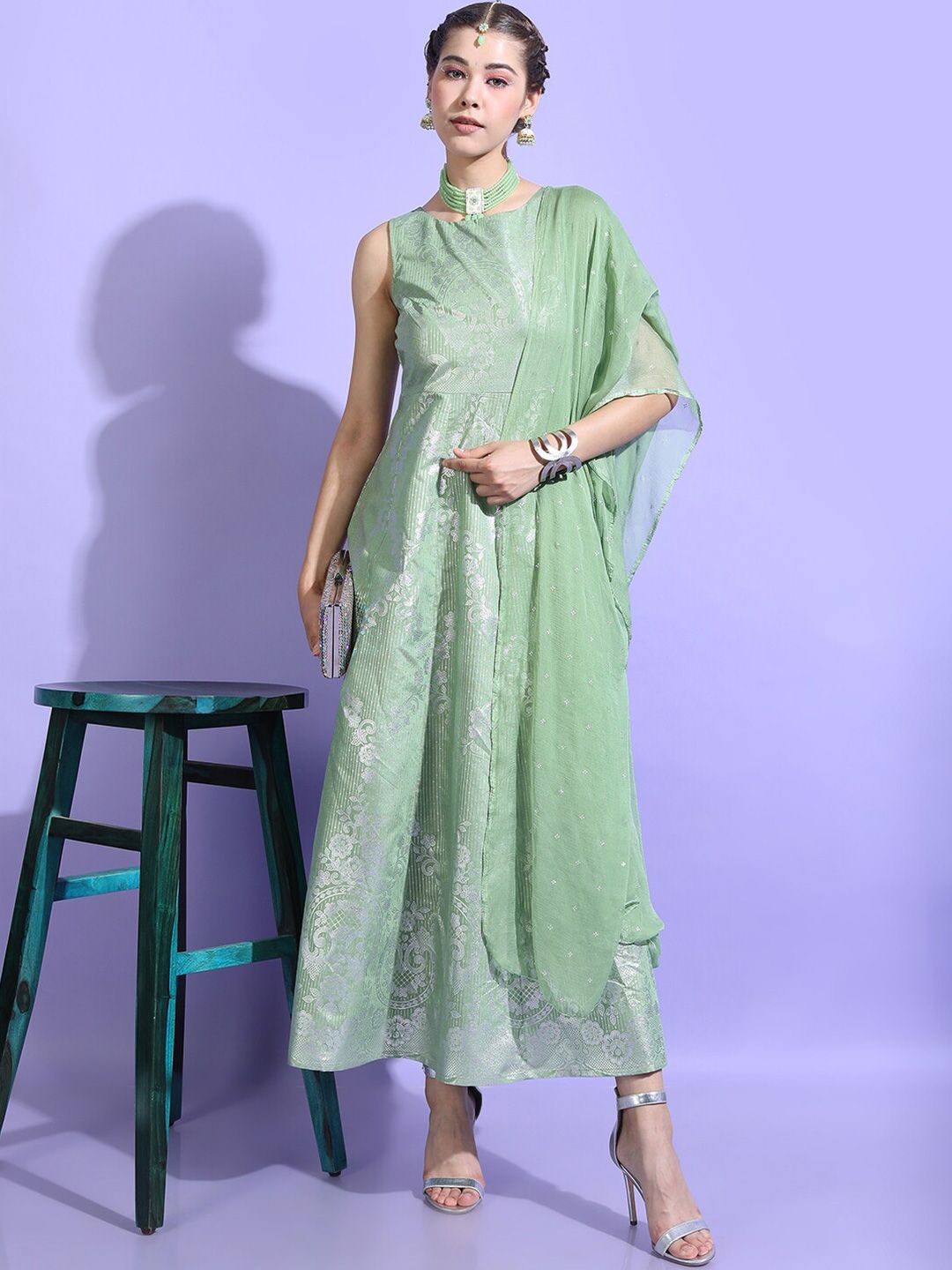 Vishudh Women Gorgeous Green Ethnic Motifs Dress with Dupatta Price in India