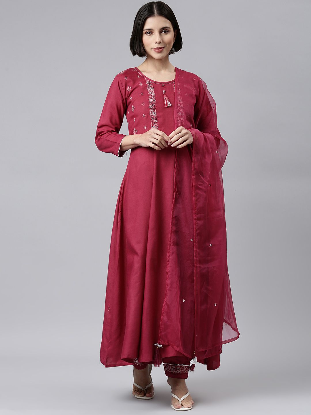 SheWill Women Maroon Floral Embroidered Sequinned Kurta with Trousers & With Dupatta Price in India