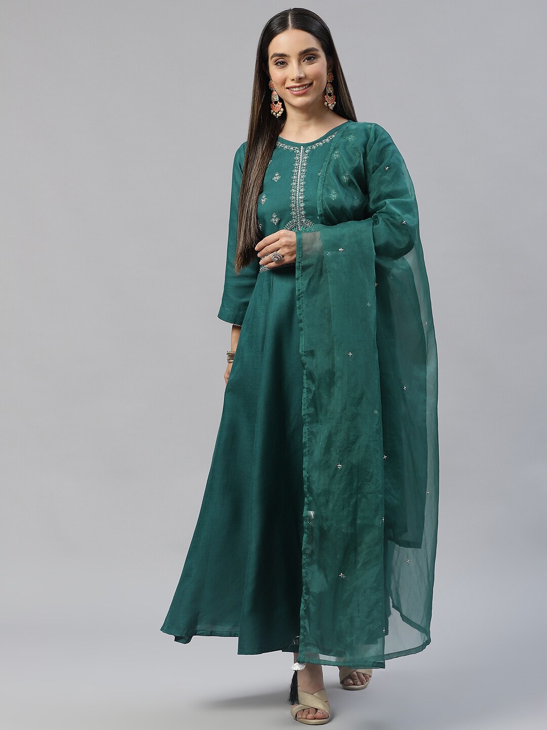 SheWill Women Green Ethnic Motifs Embroidered Kurta with Trousers & Dupatta Price in India