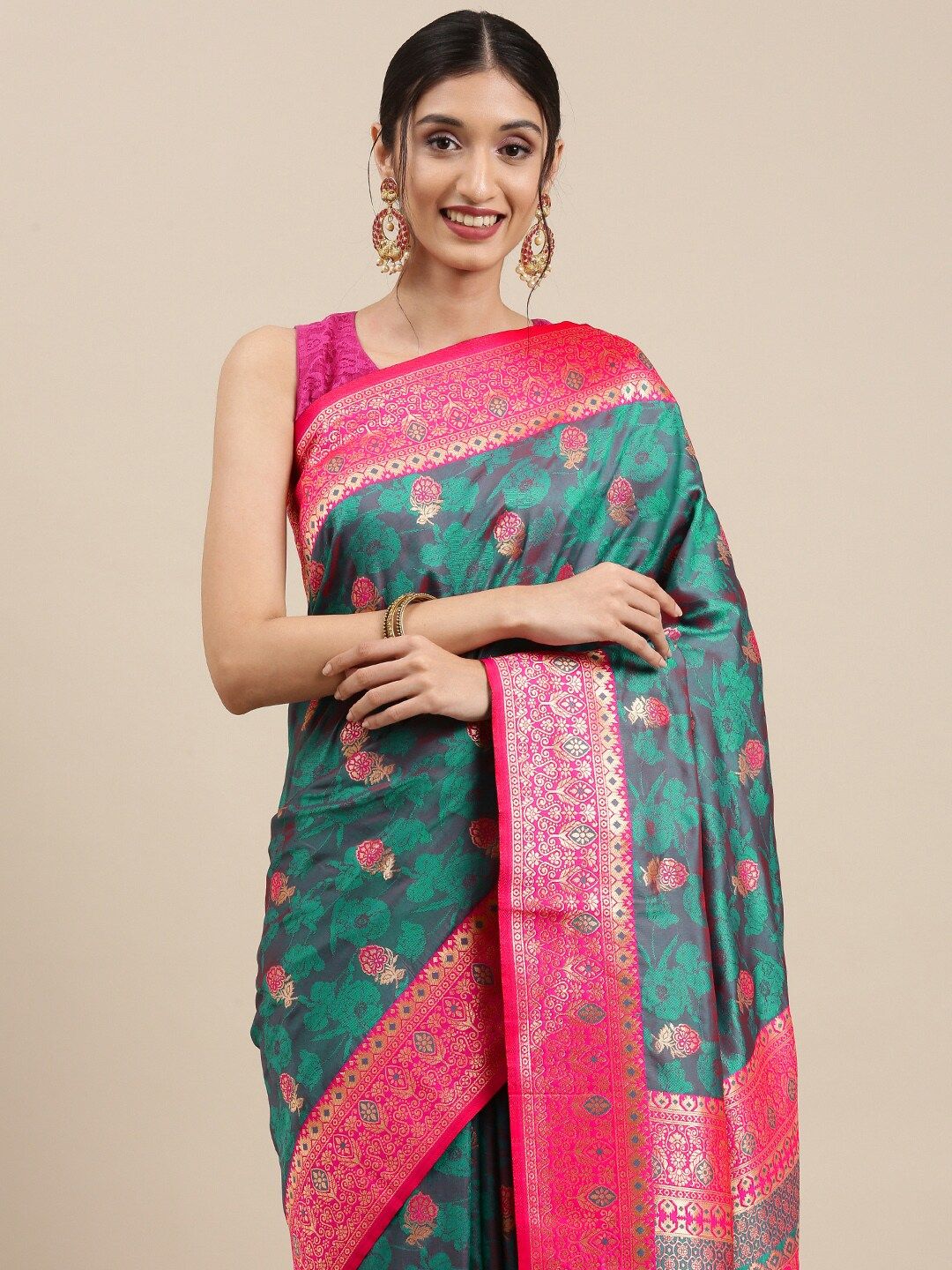 Mitera Teal Green & Pink Ethnic Motifs Zari Silk Blend Kanjeevaram Saree