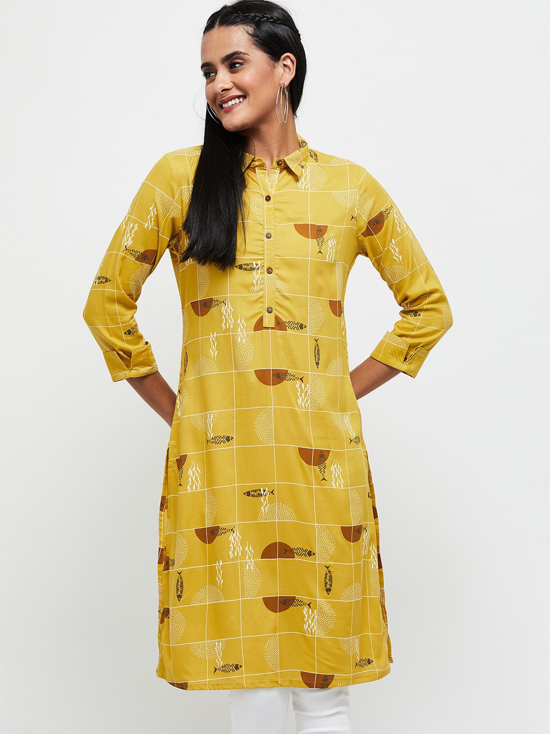 max Women Mustard Yellow Printed Kurta Price in India