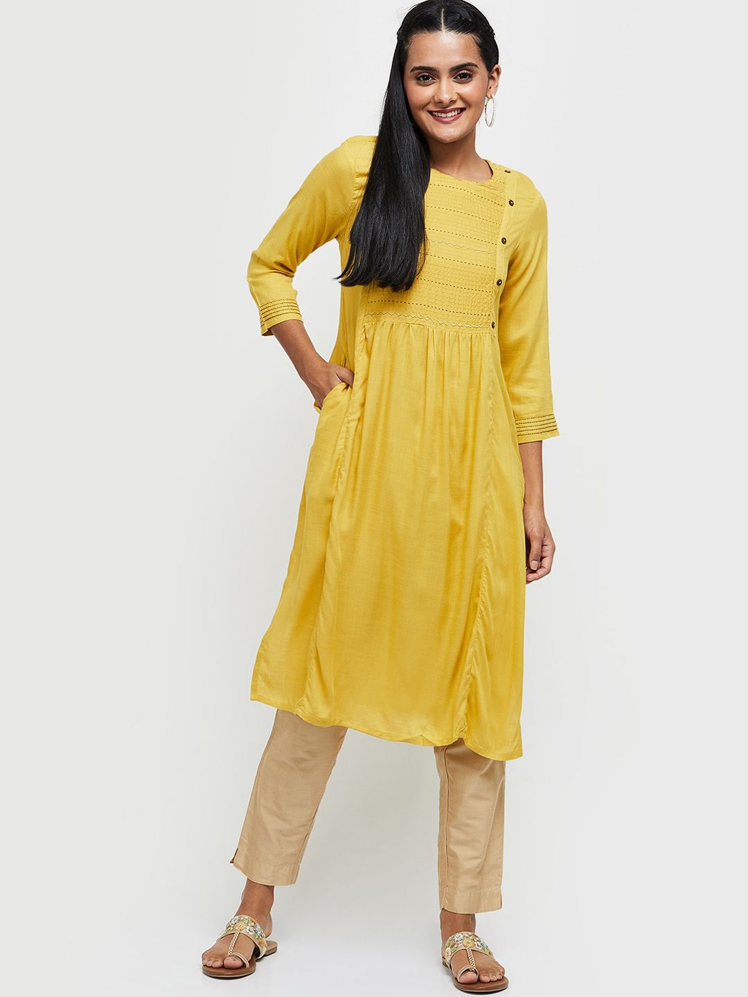 max Women Mustard Yellow Flared Sleeves Thread Work Kurta Price in India