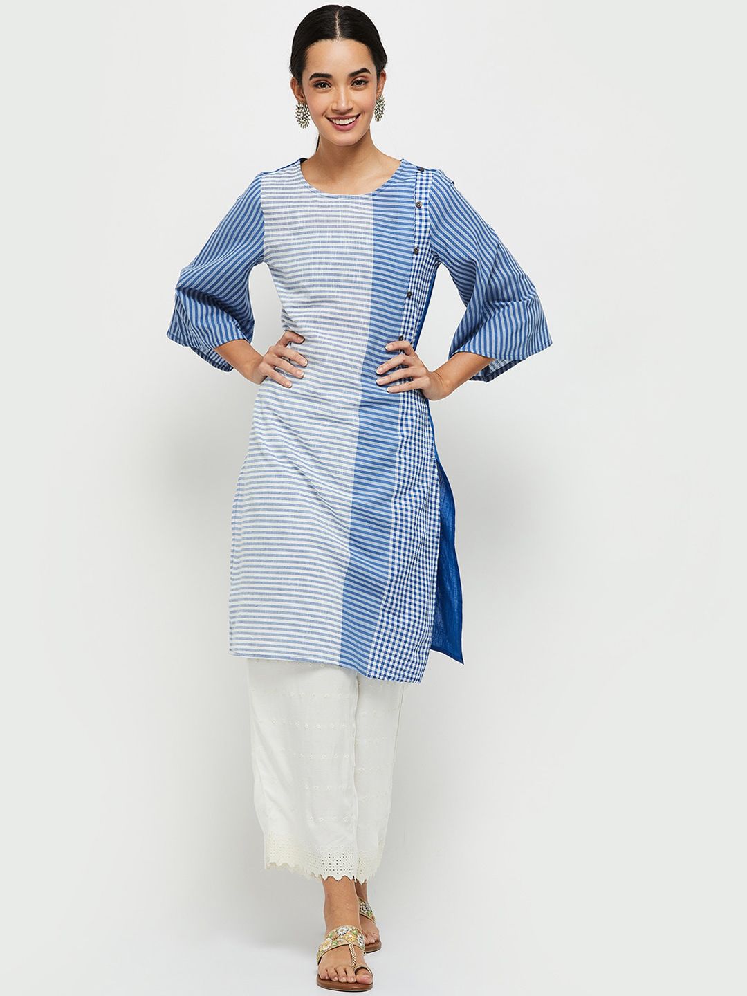 max Women Blue Geometric Flared Sleeves Thread Work Kurta Price in India