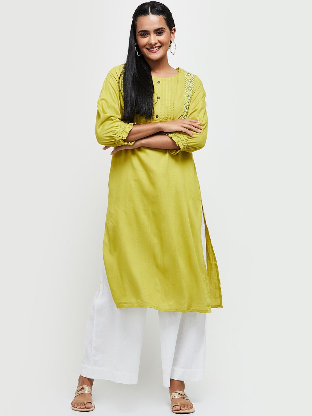 max Women Olive Green Embroidered Keyhole Neck Flared Sleeves Mirror Work Kurta Price in India