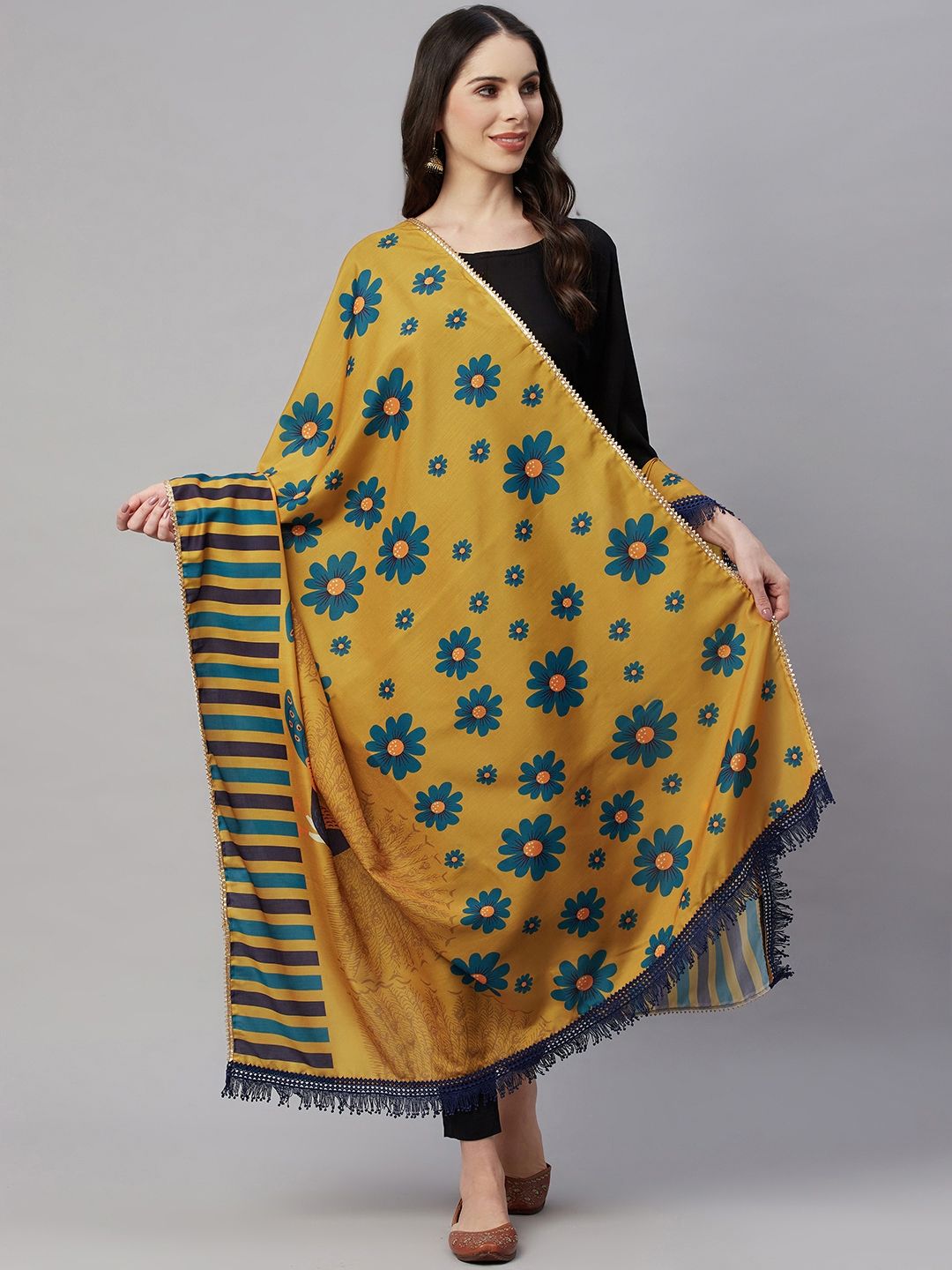 YELLOW PARROT Mustard & Navy Blue Printed Dupatta Price in India