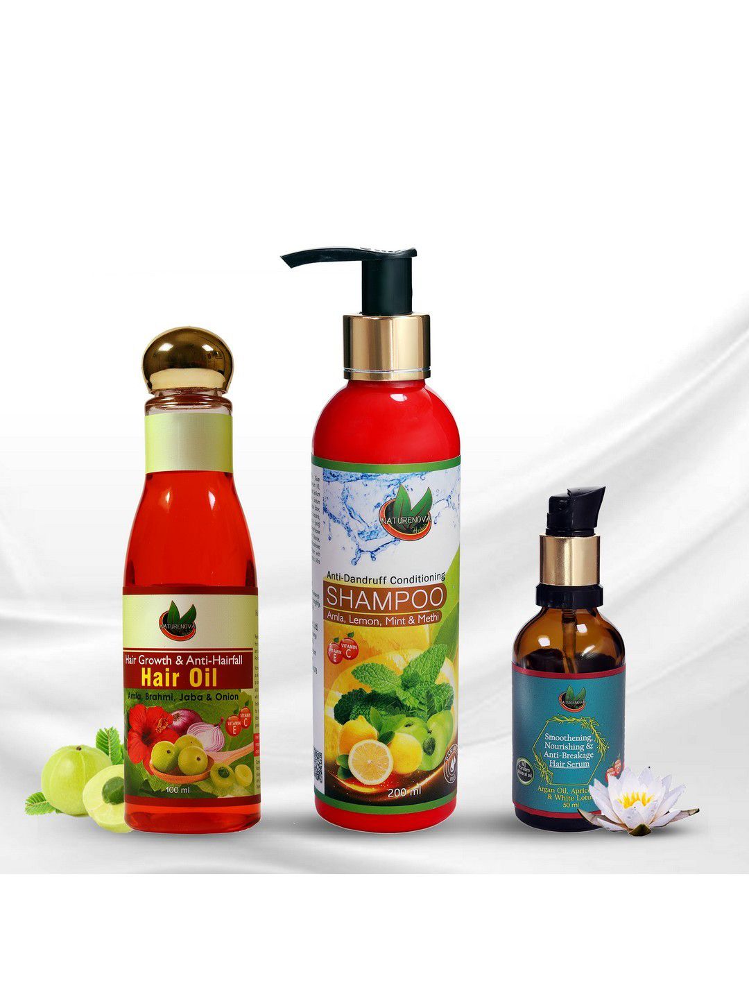 NatureNova Herbals Set of Anti-Dandruff Shampoo  - Anti-Hairfall Oil - Anti-Breakage Serum Price in India