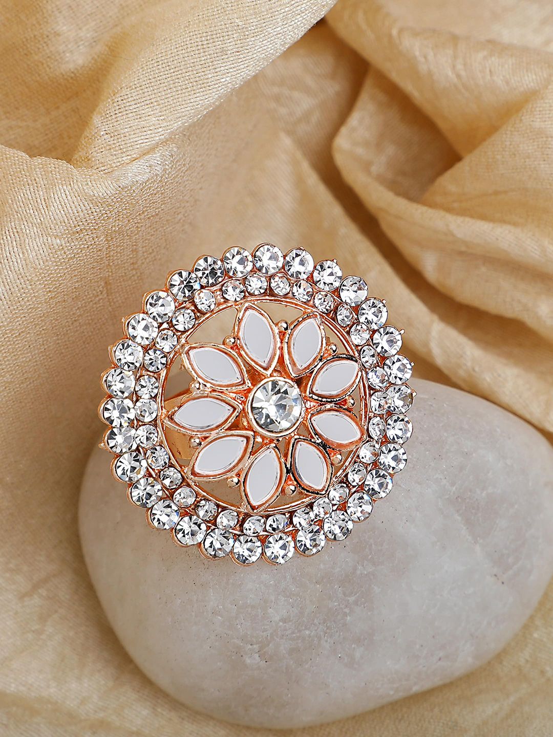 Bhana Fashion Rose Gold-Plated White Stone Studded Mirror Adjustable Finger Ring Price in India
