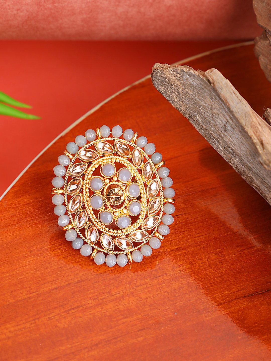 ANIKAS CREATION Gold-Plated Grey & White Stone Studded & Beaded Handcrafted Adjustable Finger Ring Price in India