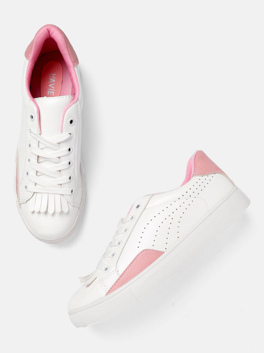 Lavie Women White & Pink Perforated Solid Sneakers Price in India