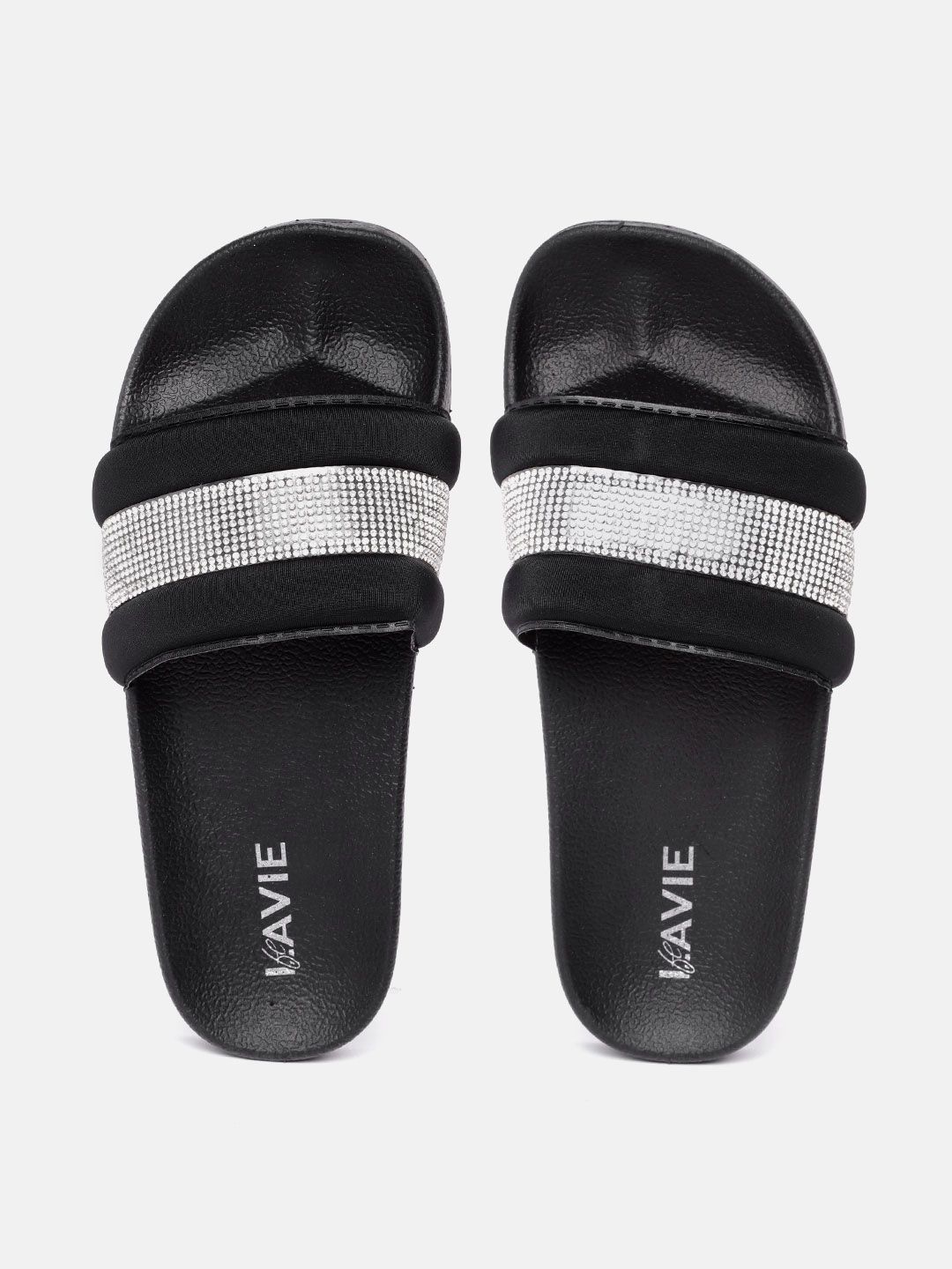 Lavie Women Black & Silver-Toned Embellished Sliders Price in India