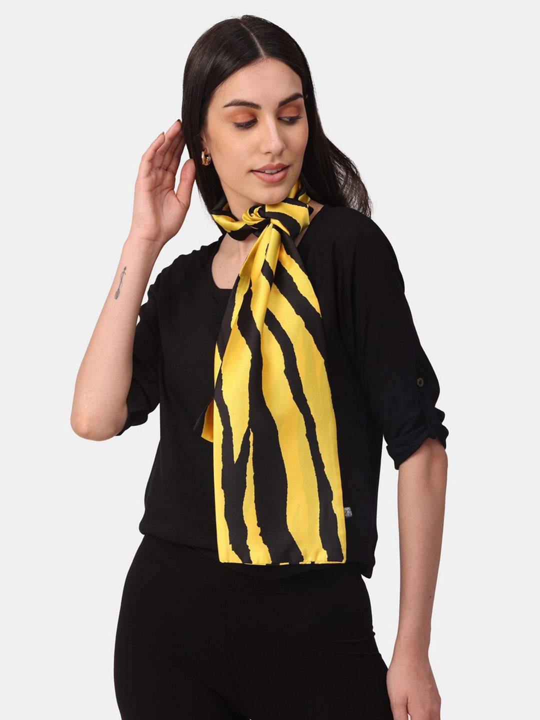 NOTEQUAL Women Yellow & Black Printed Silk Scarf Price in India