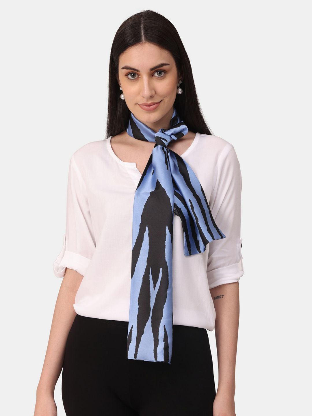 NOTEQUAL Women Blue & Black Printed Scarf Price in India