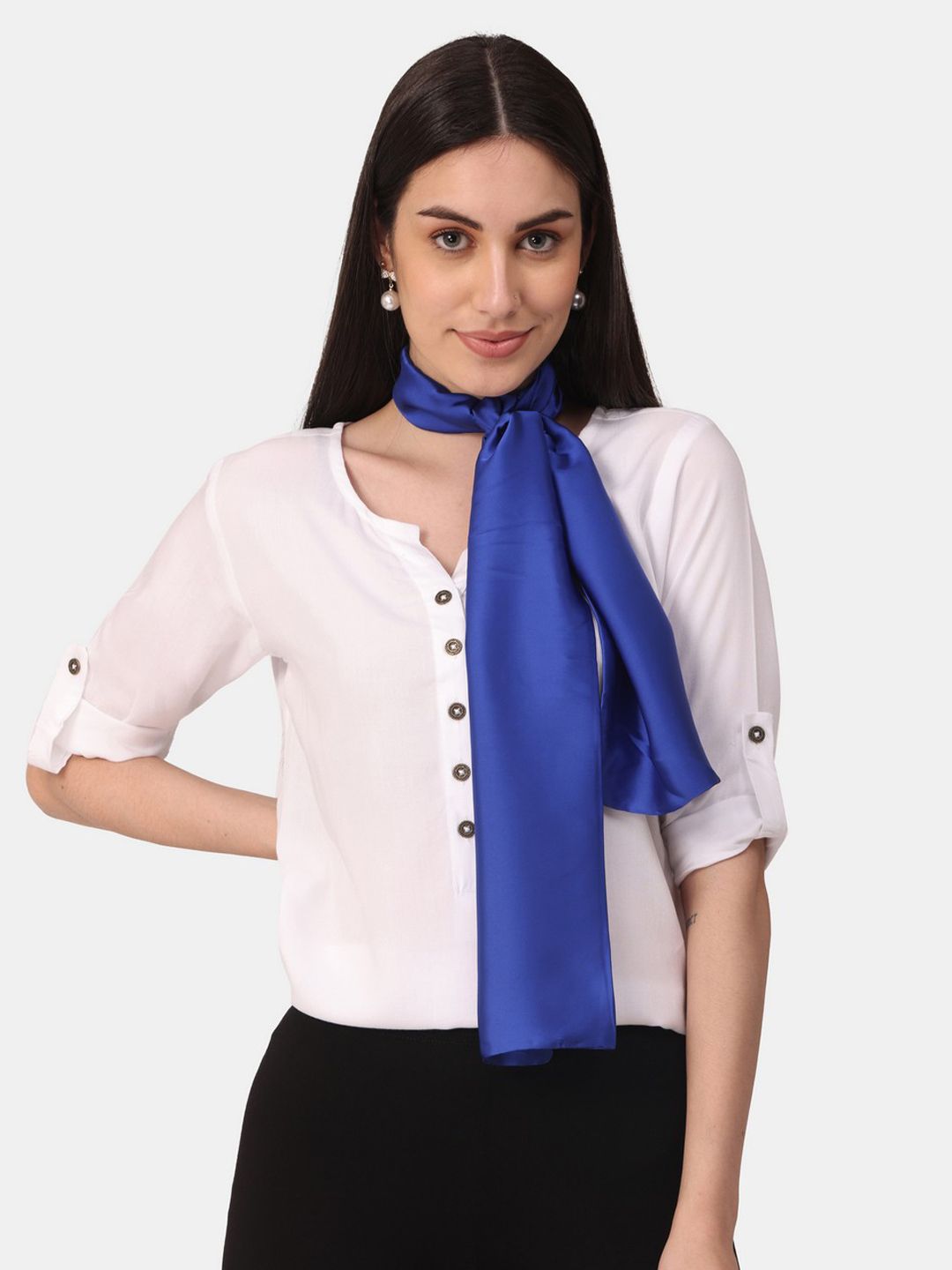 NOTEQUAL Women Blue Solid Silk Scarf Price in India