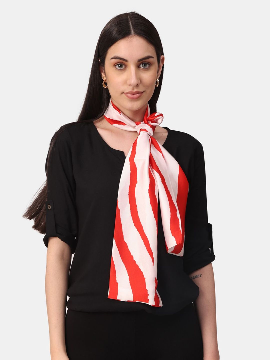 NOTEQUAL Women Red & Off-White Striped Silk Scarf Price in India