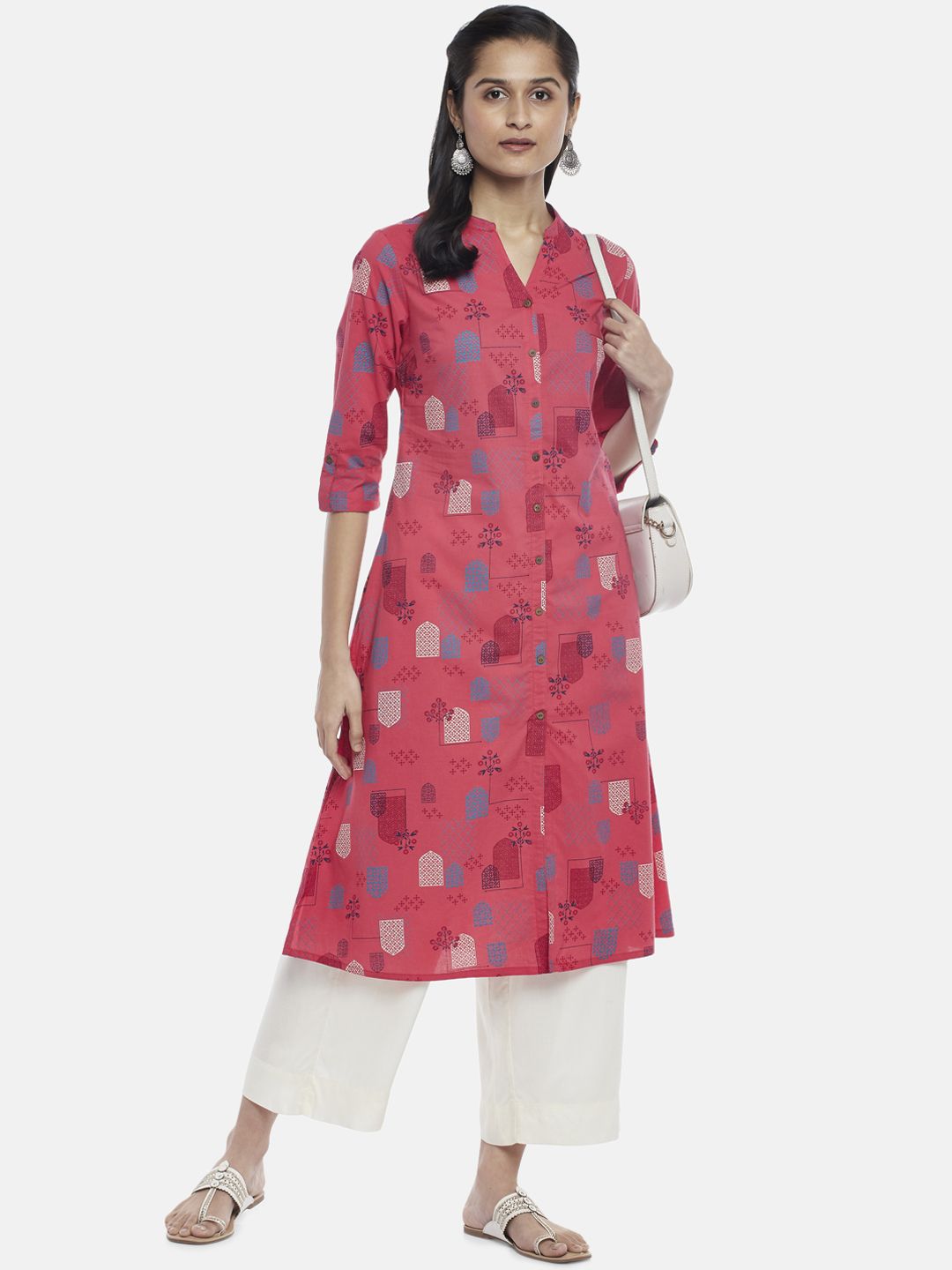 RANGMANCH BY PANTALOONS Women Coral & Multicoloured Ethnic Motifs Printed Kurta Price in India